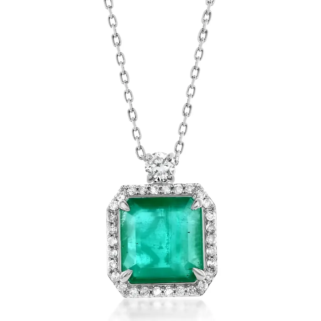 14K Gold 2.97cttw Princess-Cut Emerald & 0.29cttw Diamonds Pendant Necklace by SOUZANA by Suzy Levian