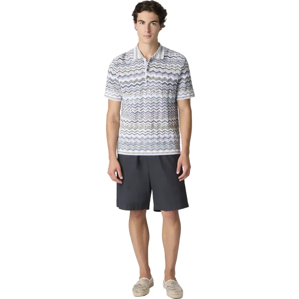 Cotton Knit Polo Shirt with Chevron Pattern