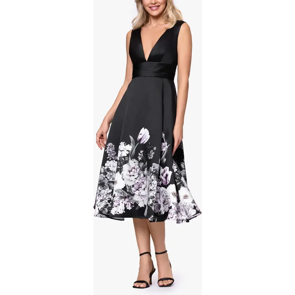 Floral Border Plunge Neck Cocktail Midi Dress by Betsy & Adam