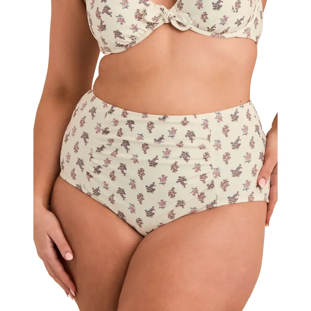 Shelbie Swimwear High-Waist Bikini Bottom in Floral Beige
