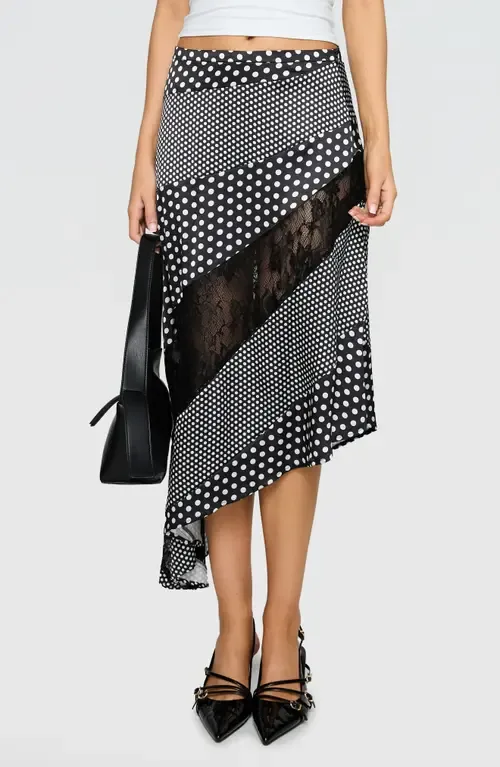 Midnight Memories Mixed Polka Dot & Lace Asymmetric Midi Skirt by Princess Polly