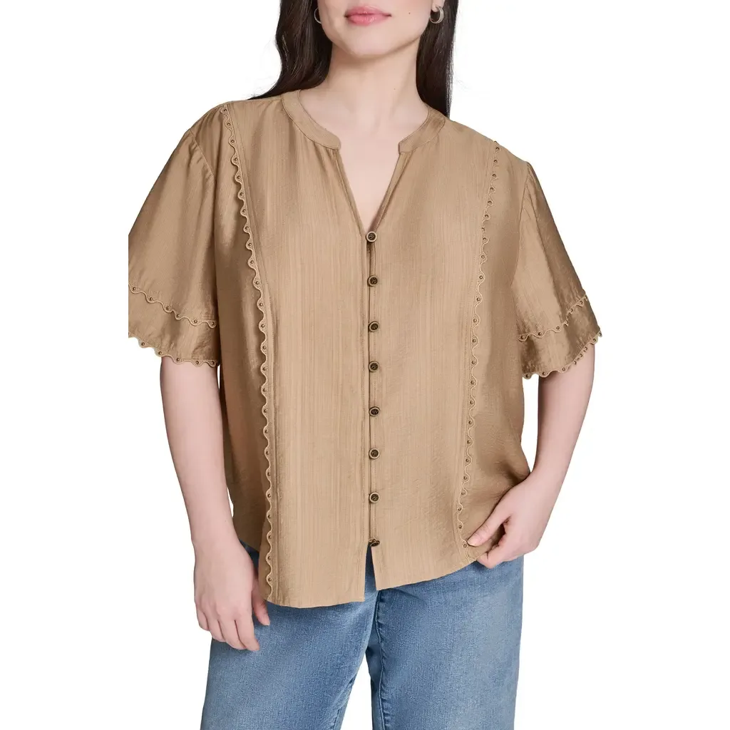 Nailhead Stud Detail Metallic Button-Up Shirt by KARL LAGERFELD PARIS