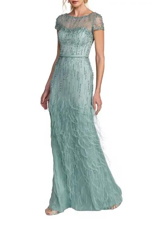 Embellished Net Short Sleeve Feather Gown by Mac Duggal