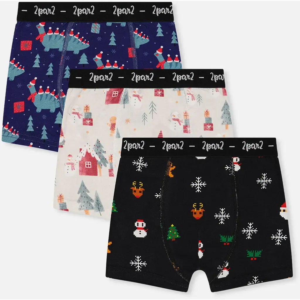 Organic Cotton Elastic Waistband 3-Pack Boxers in Holiday Print by Deux par Deux