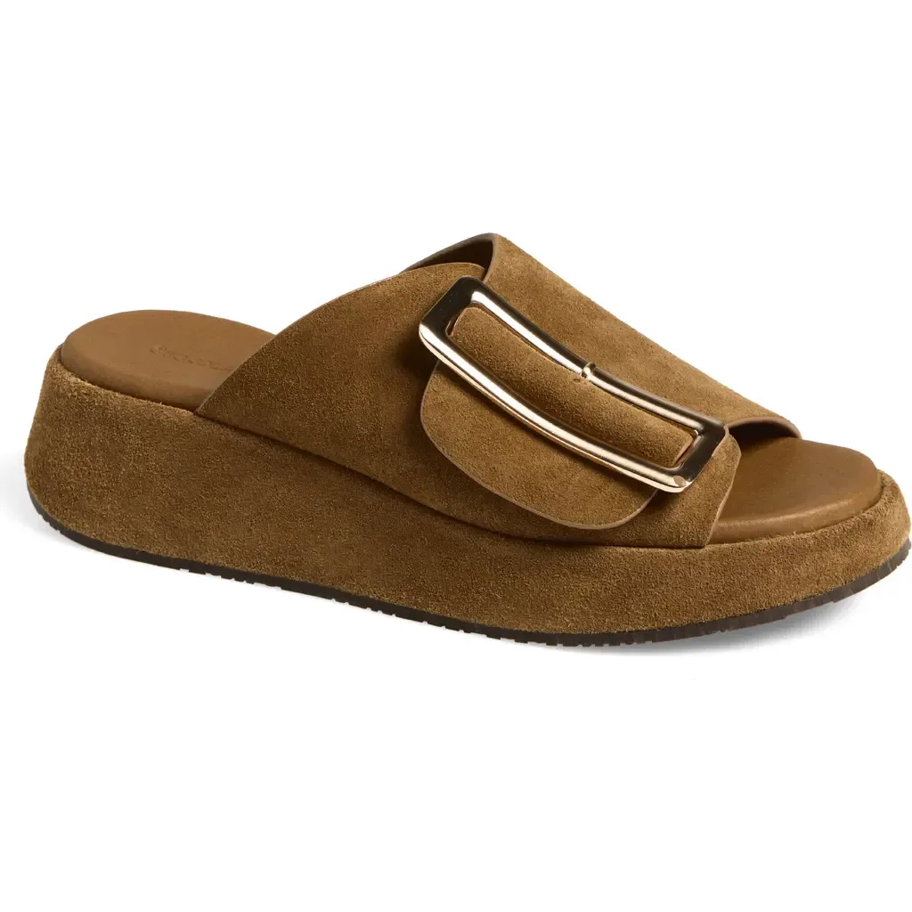 Elara Platform Slide Sandal in Camel Suede by Chocolat Blu