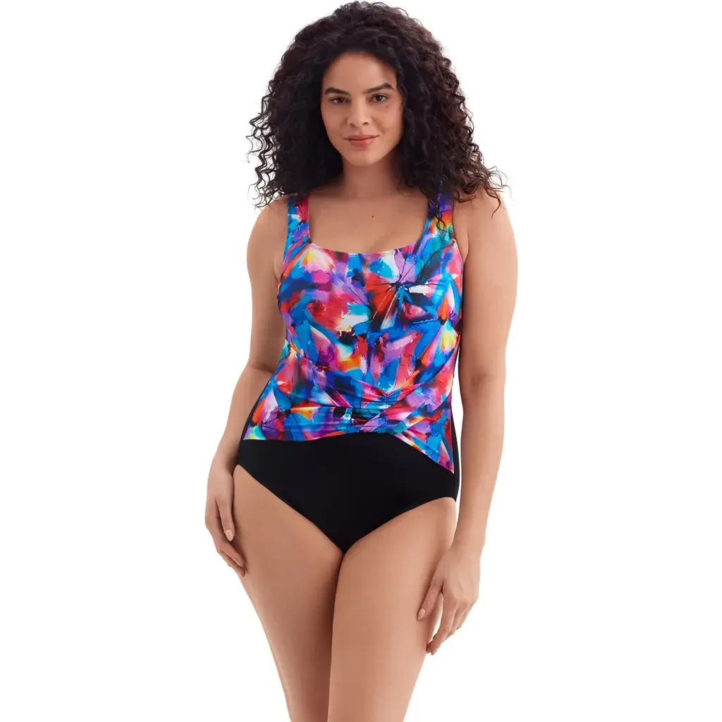 Twist Pull Sash Tank Long Torso One-Piece Swimsuit by Longitude