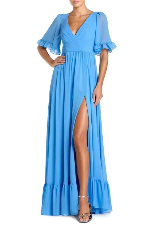 V-Neck Flutter Sleeve Chiffon Faux Wrap Maxi Gown by Mac Duggal
