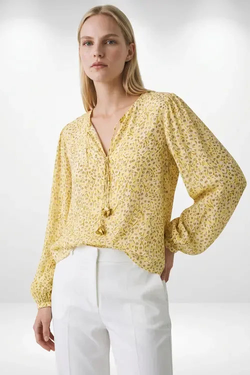 Florenz Crew Neck Tie Front Patterned Blouse by Exquise