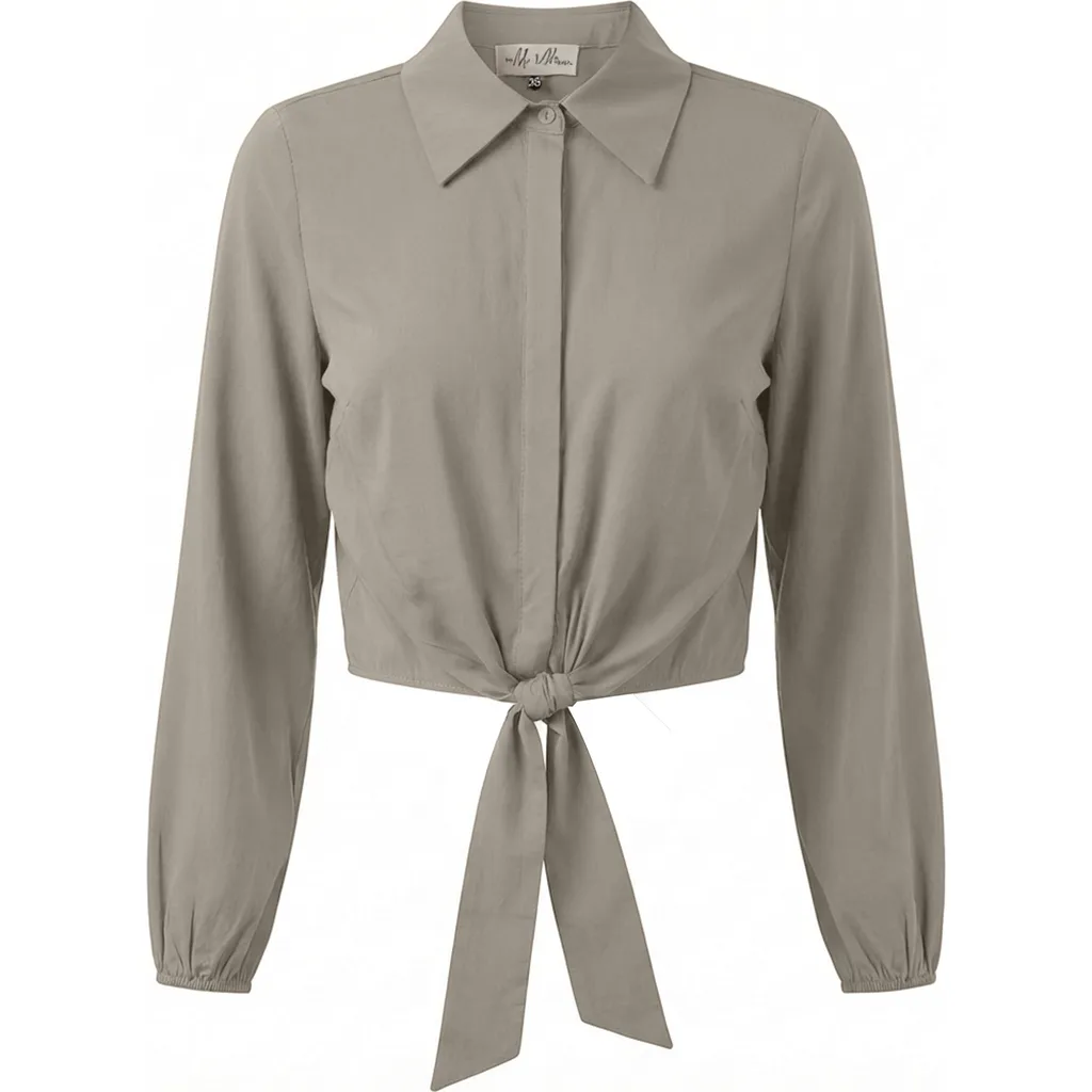 Cropped Hidden Placket Hem Tie Blouse - Stone by The Norway Club