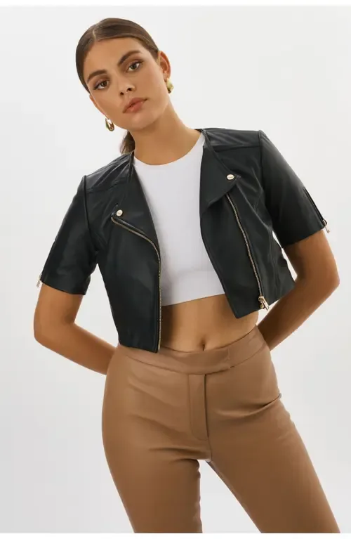 Kirsi Gold Cropped Biker Jacket by LAMARQUE
