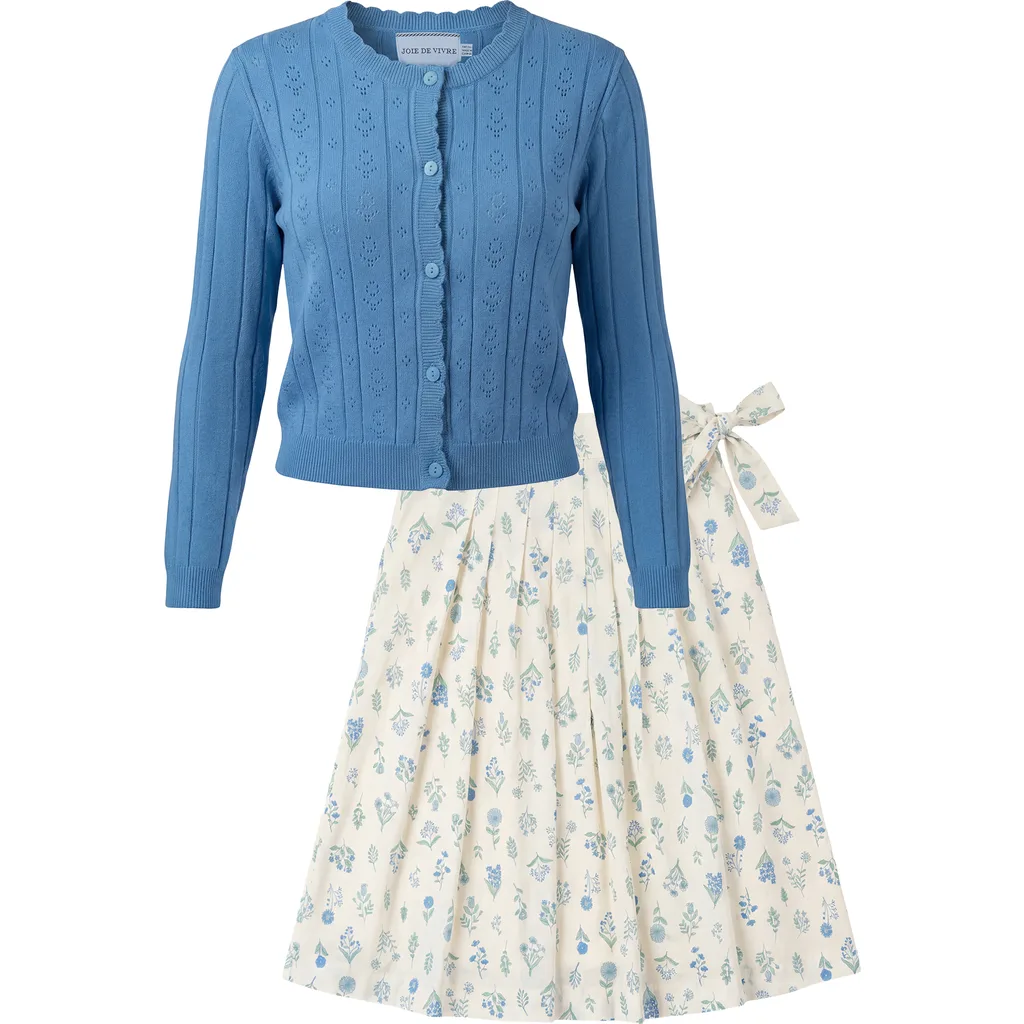 Floral Pointelle Cardigan and Pleated Skirt 2-Piece Set by Joie De Vivre