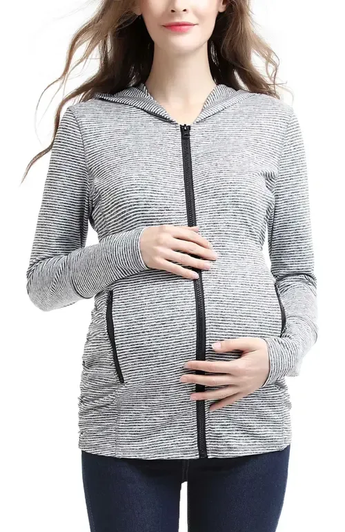 Haven Striped Side Ruched Maternity Performance Hoodie by Kimi & Kai