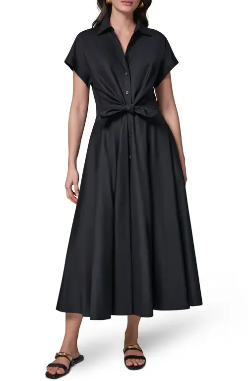 Tie Waist Short Sleeve Stretch Cotton Midi Shirtdress