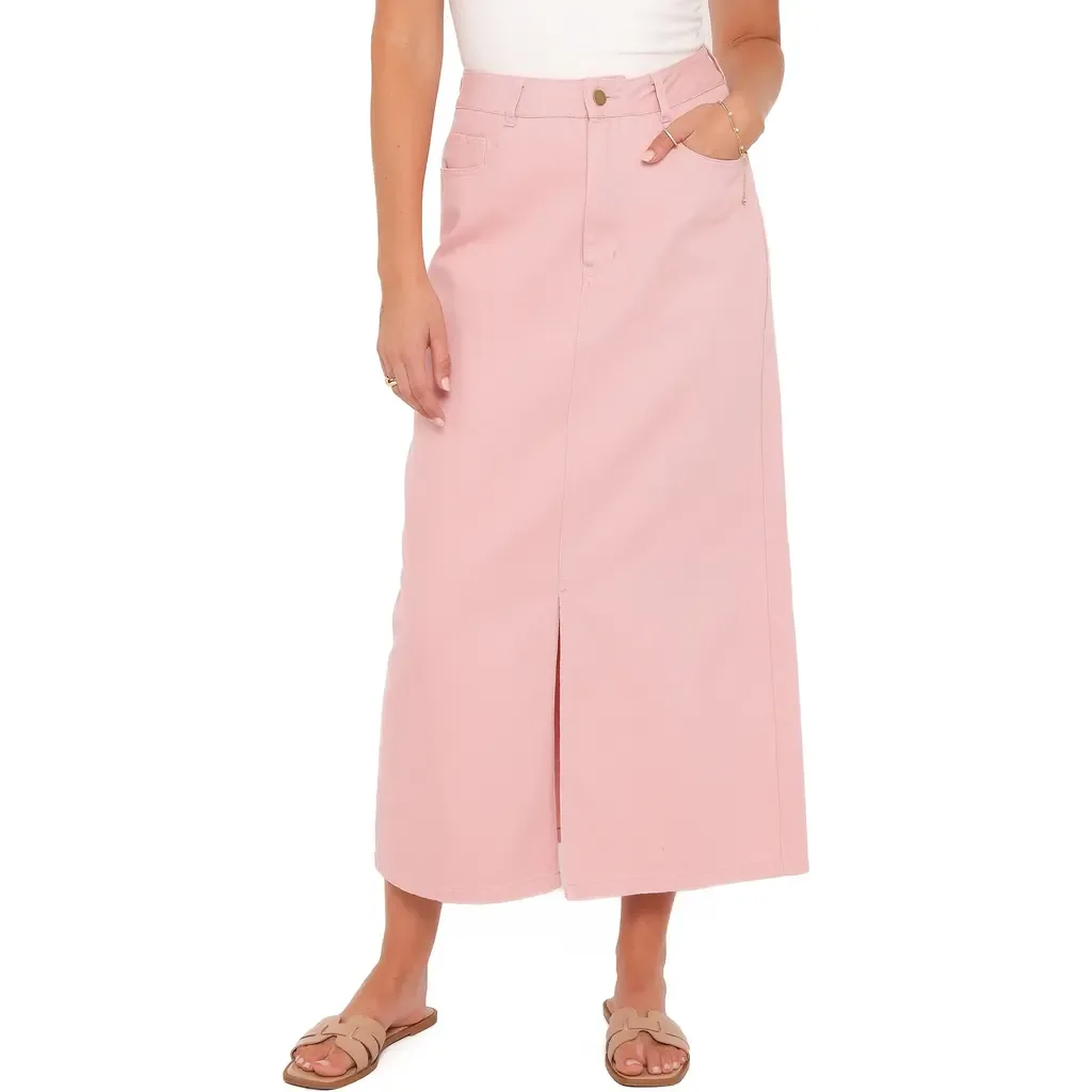 Dana Front Slit Denim Midi Skirt by Petal & Pup