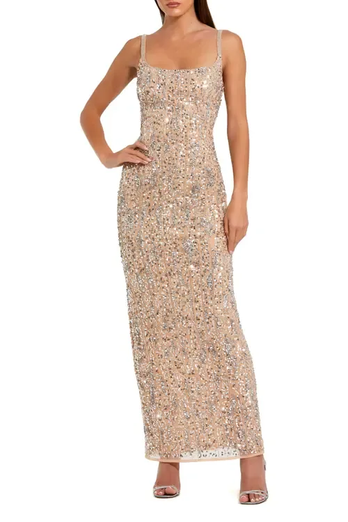 Sequin Embellished Scoop Neck Column Gown by Mac Duggal