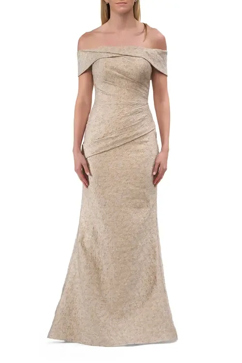 Off-the-Shoulder Textured Evening Gown by La Femme