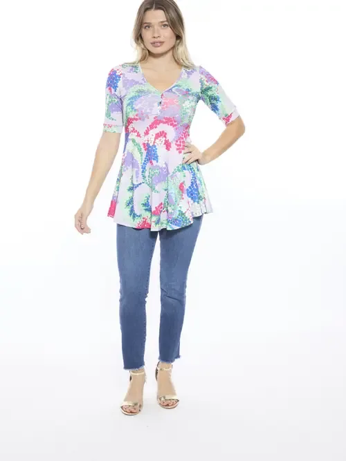 Abstract V-Neck Elbow Sleeve Henley Tunic Top by 24seven Comfort Apparel