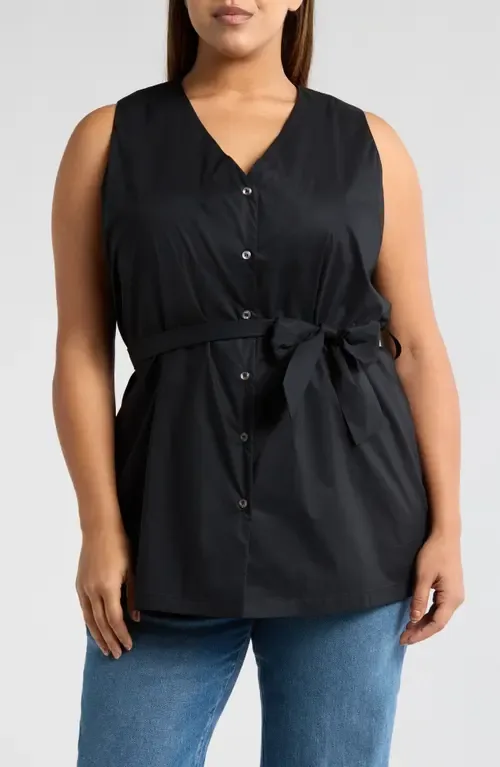 Reya Tie Waist Sleeveless Poplin Button-Up Top by HARSHMAN