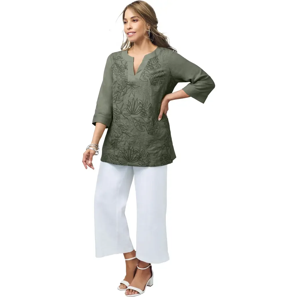 Linen V Neck Embroidered Tunic by Jessica London