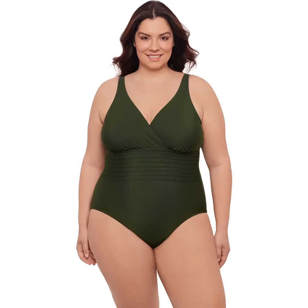 V-Neck Surplice Trim Overlay Full Coverage One-Piece Swimsuit by Aqua Green