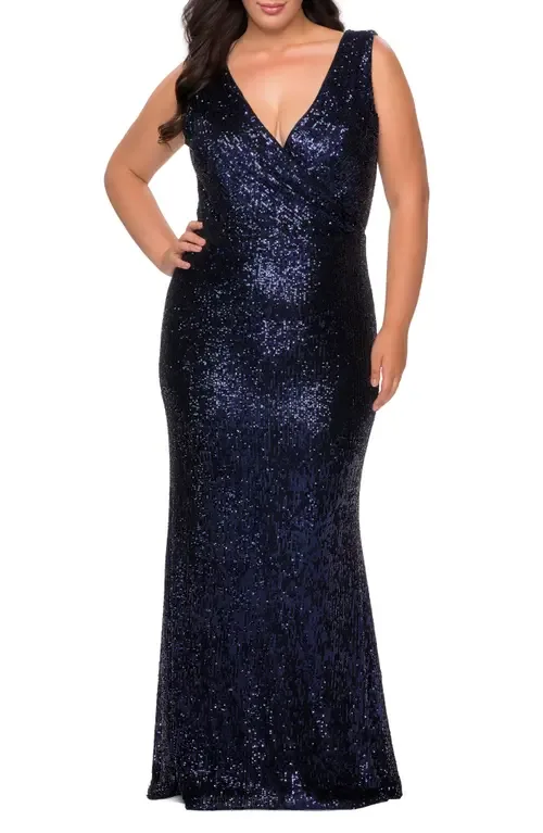 Long Sequin Gown with V-Neck by La Femme