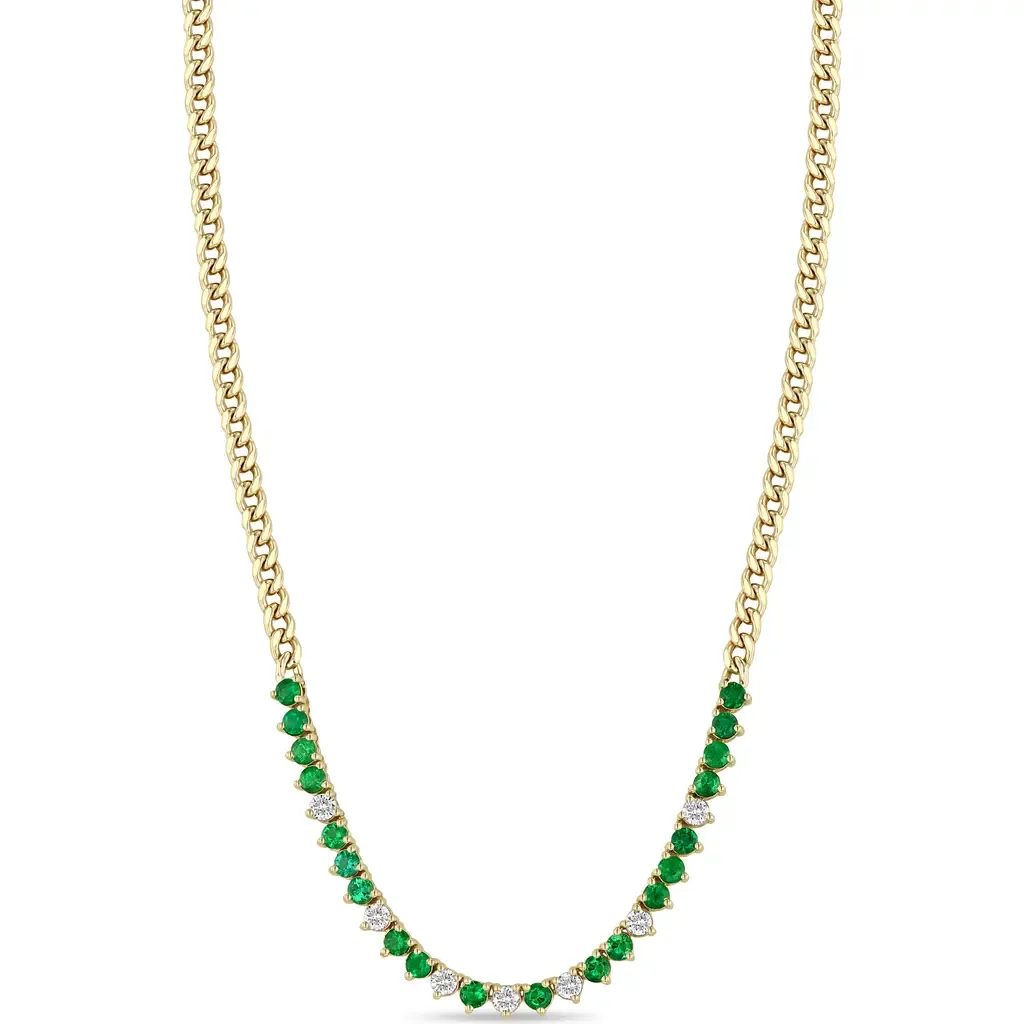 Emerald & Diamond Tennis Necklace in 14K Yellow Gold by Zoë Chicco