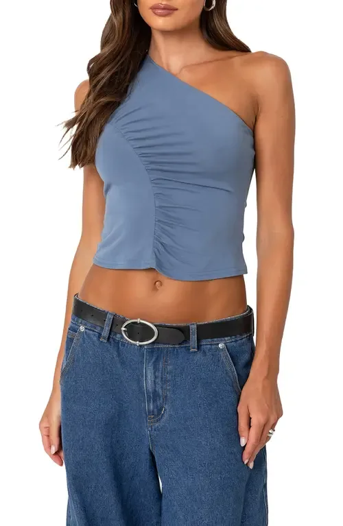 Ivy Ruched One-Shoulder Crop Top by EDIKTED