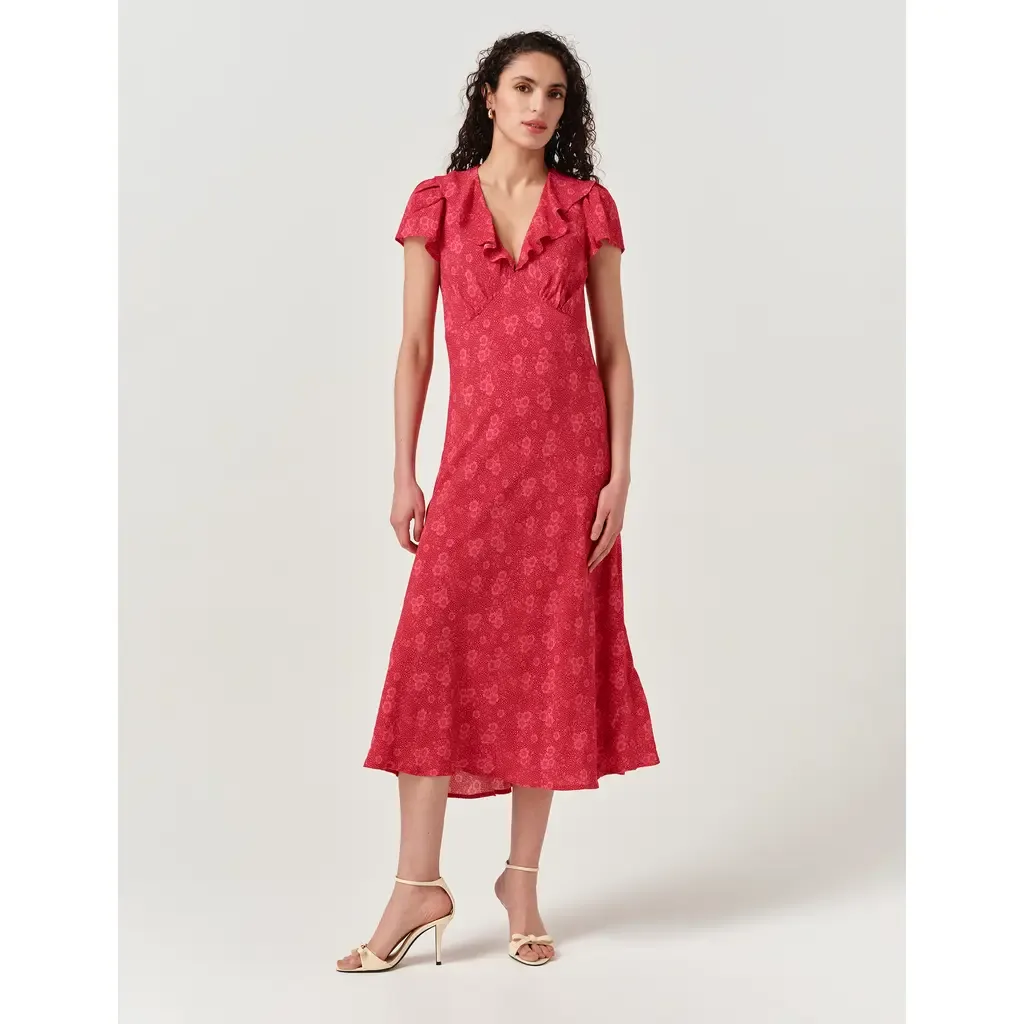 Kimmy Floral Frill Neck Crepe Midi Dress by Ghost London