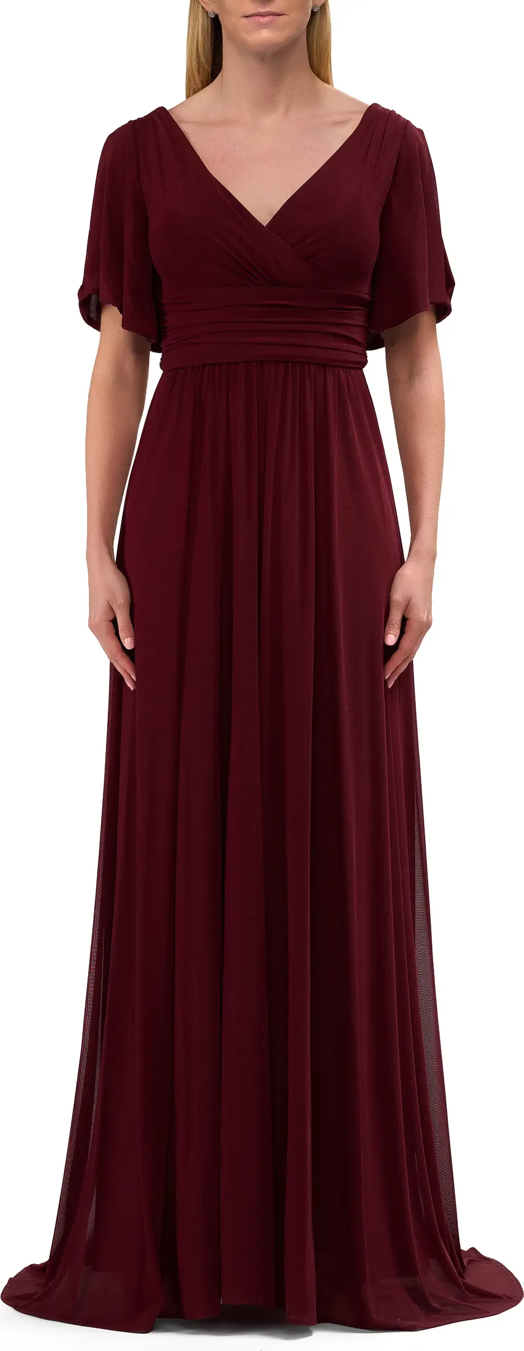 Flattering Net Jersey Long Dress with Ruffle Sleeve