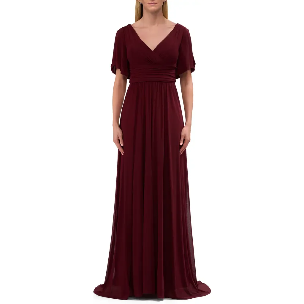 Flattering Net Jersey Long Dress with Ruffle Sleeve by La Femme