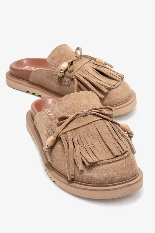Carol Tassel Leather Mule in Cognac Suede Leather by Forever & Always Shoes