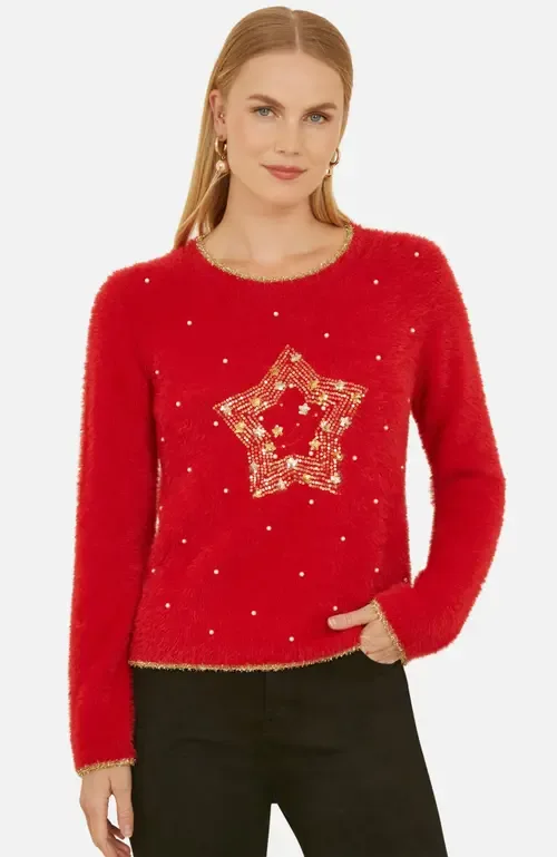 Fluffy Star Holiday Sweater by Yumi