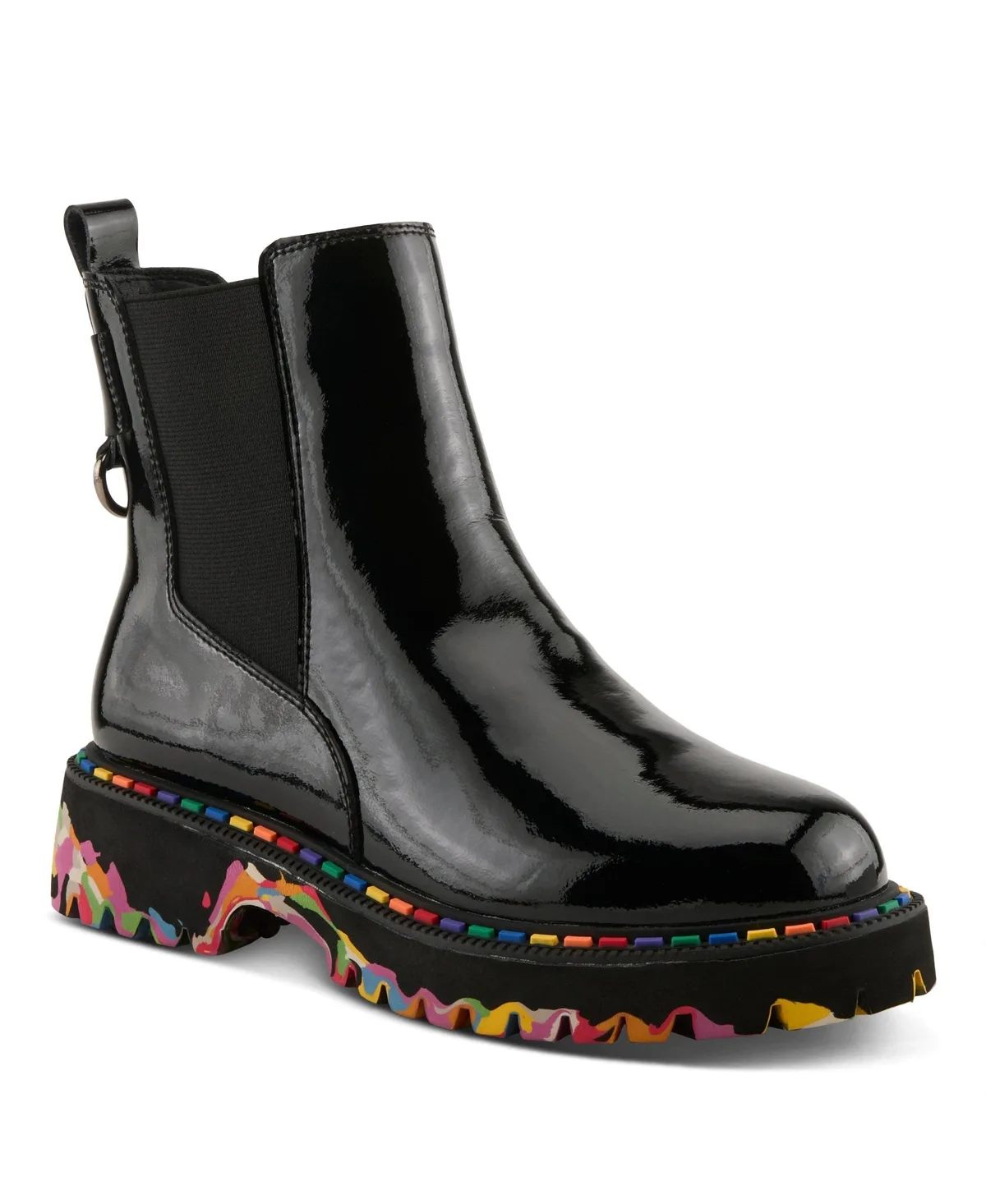 Rager Glossy Waterproof Leather Rain Boot with Artistic Outsole and Elastic Side Panels by Spring Step