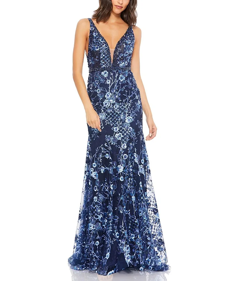 Mac Duggal Floral Embellished Sleeveless Plunge Neck Gown by M.A.C.