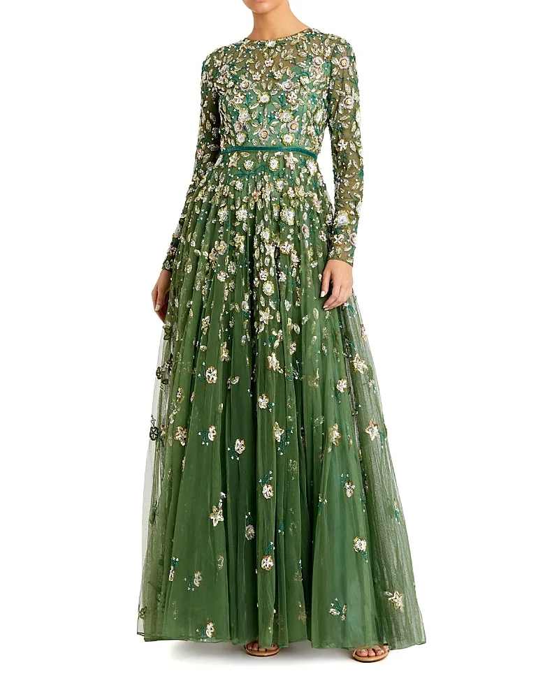Mac Duggal Embellished High Neck Long Sleeve A-Line Gown