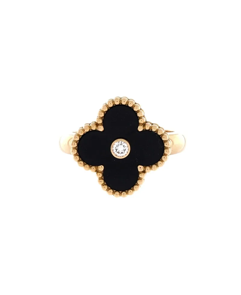 Pre-Owned Van Cleef & Arpels Vintage Alhambra Ring 18K Gold with Onyx and Diamond by Pre-owned Van Cleef & Arpels