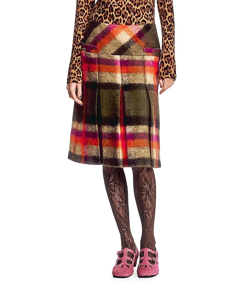 Brushed Wool Plaid Pleated Skirt by Anna Sui