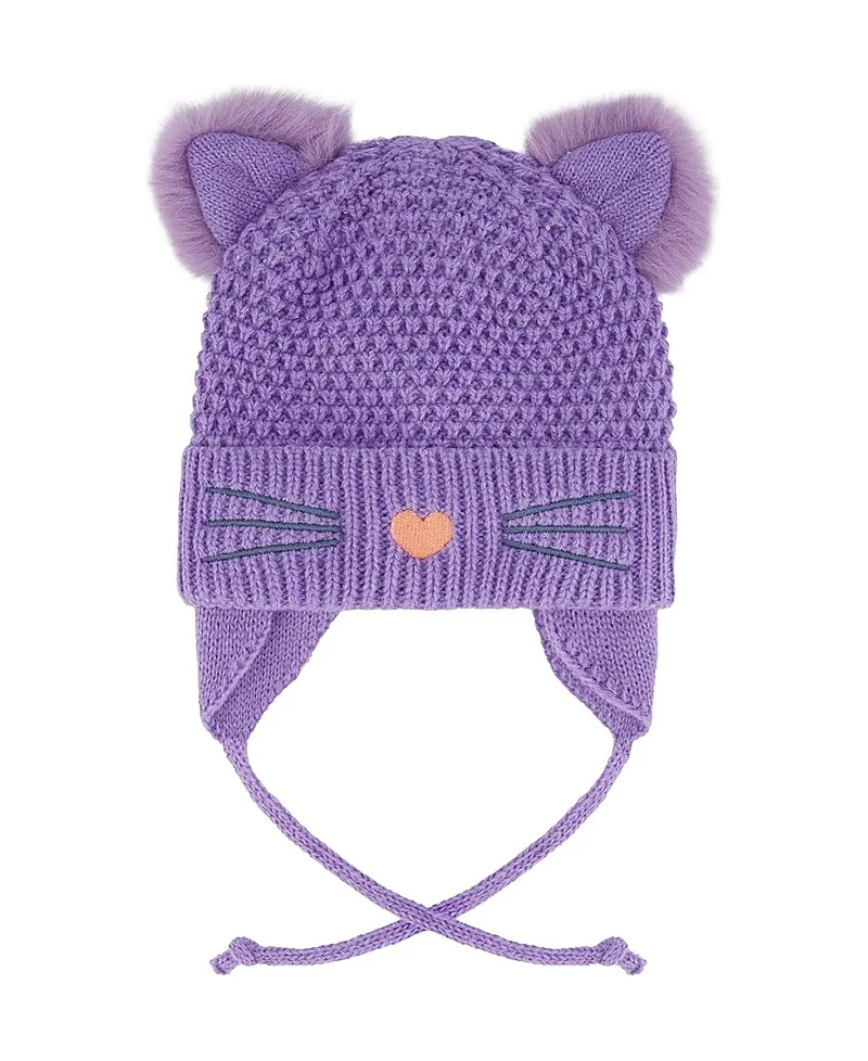 Winter Cat Ears Fleece-Lined Chin Tie Knit Hat by Deux Par Deux