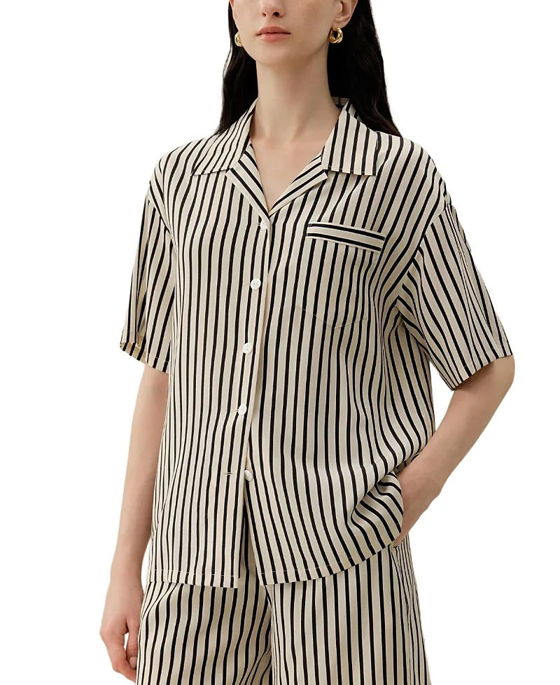 Striped Silk Cuban Collar Shirt by Lilysilk