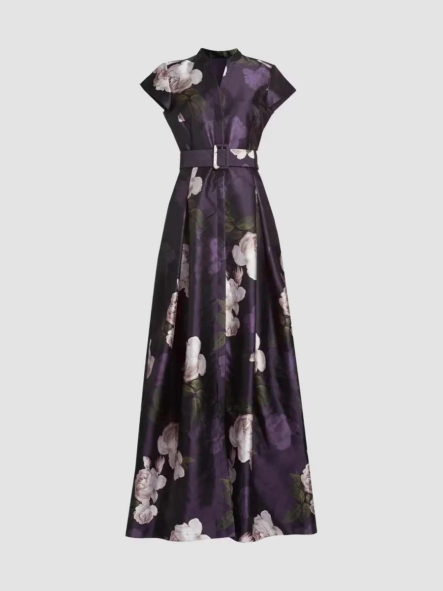 Marta Floral Mikado Belted Gown