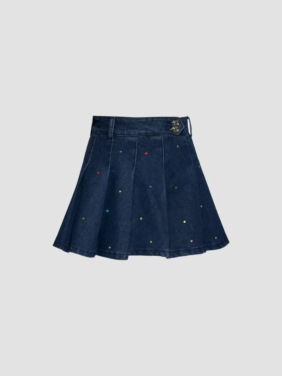 Embellished Pleated Denim Mini Skirt by Hannah Banana