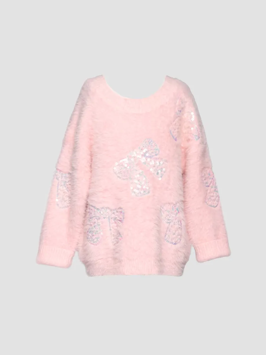 Sequined-Bow Fuzzy Sweater by Hannah Banana