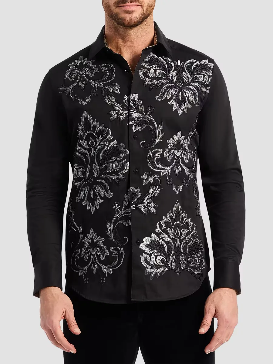 Cheetah Embroidered Damask Button-Front Shirt by Robert Graham