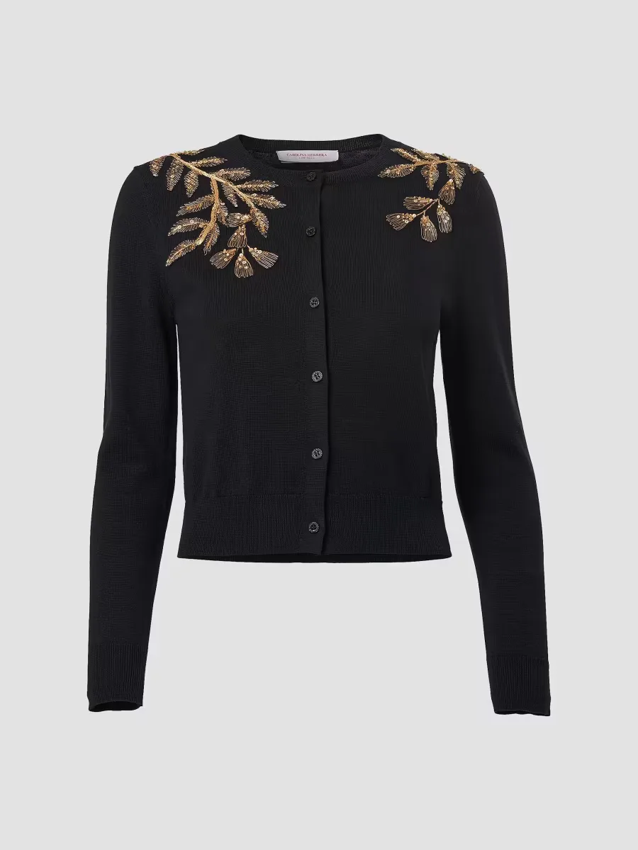 Embellished Leaf-Embroidered Silk-Cotton Cardigan by Carolina Herrera
