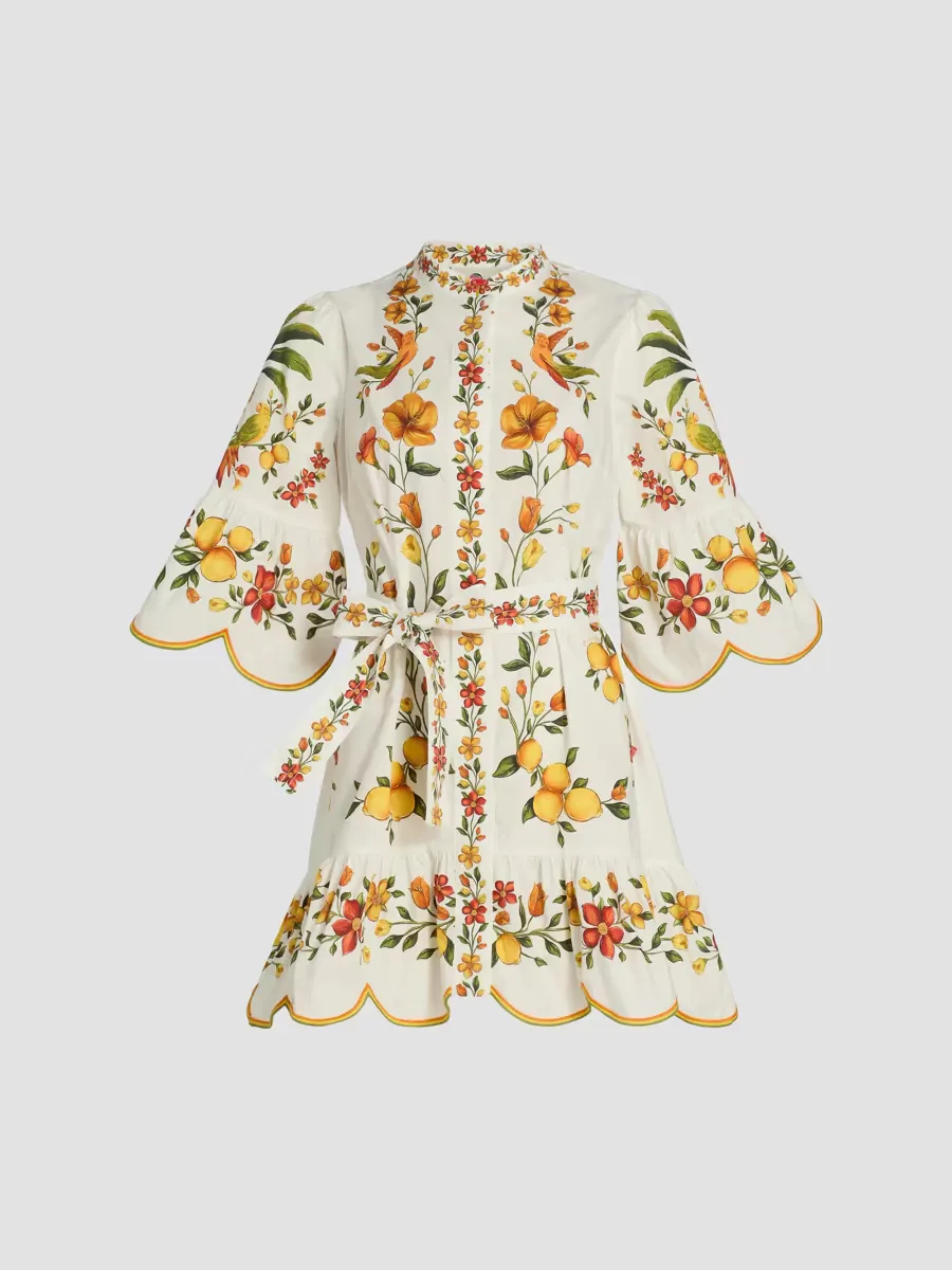 Lemon Bouquet Belted Puff-Sleeve Mini Dress by FARM Rio