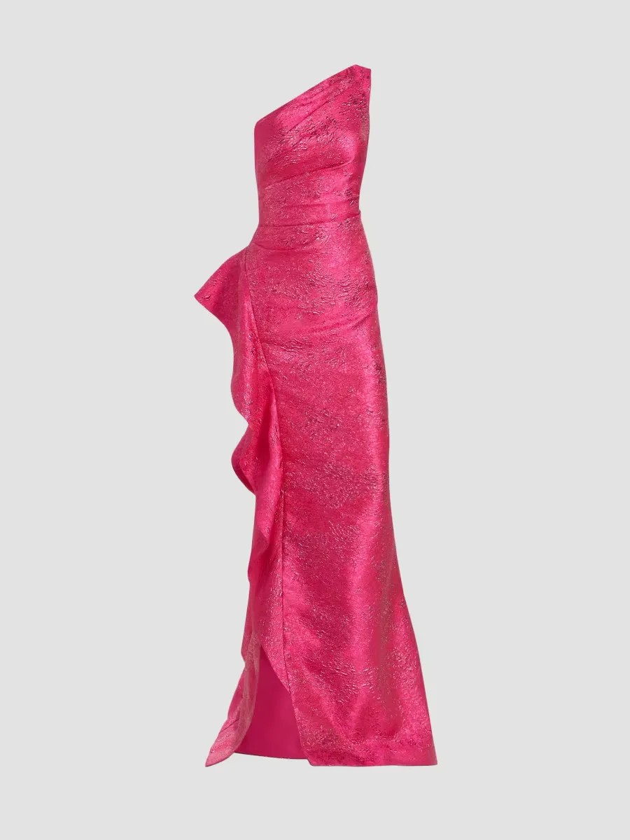 Teri Jon by Rickie Freeman Jacquard One-Shoulder Ruffle Column Gown