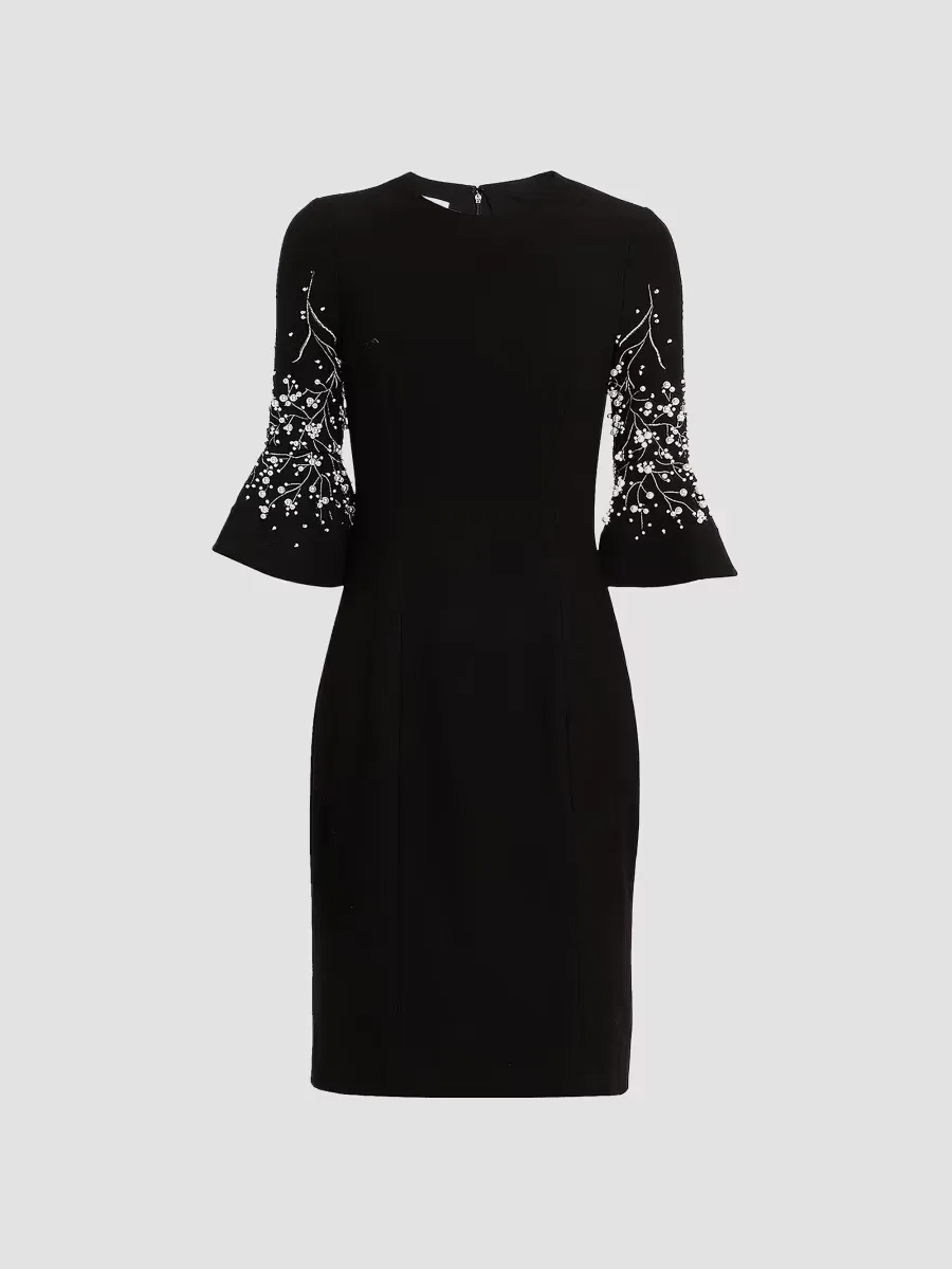 Teri Jon by Rickie Freeman Crepe Flounce-Cuff Flower Pearl-Embellished Dress by Teri Jon