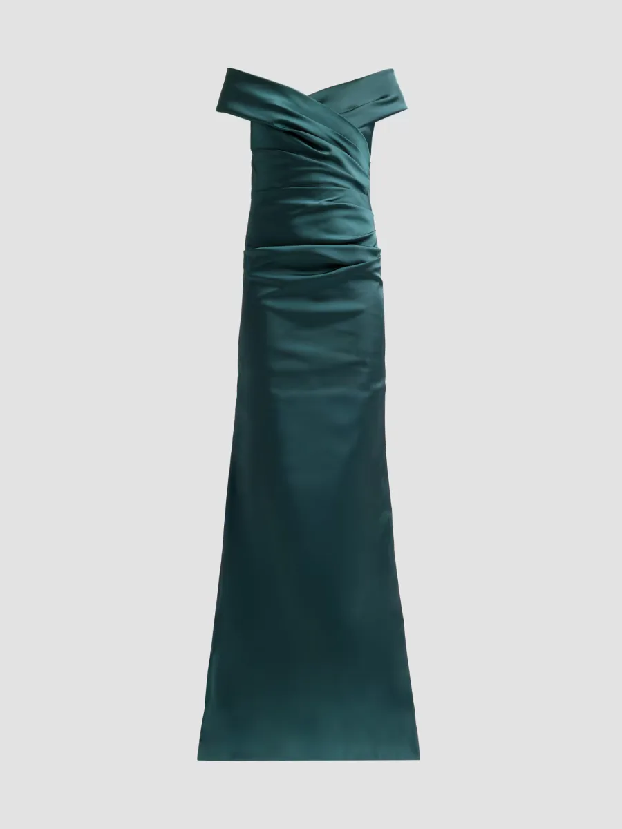 Teri Jon by Rickie Freeman Off-The-Shoulder Ruched Satin Gown by Teri Jon
