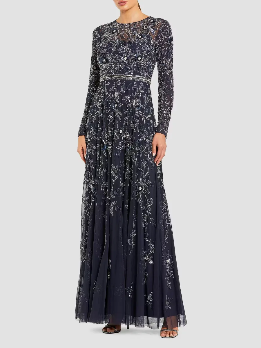 Mac Duggal Floral-Embellished Mesh A-Line Gown