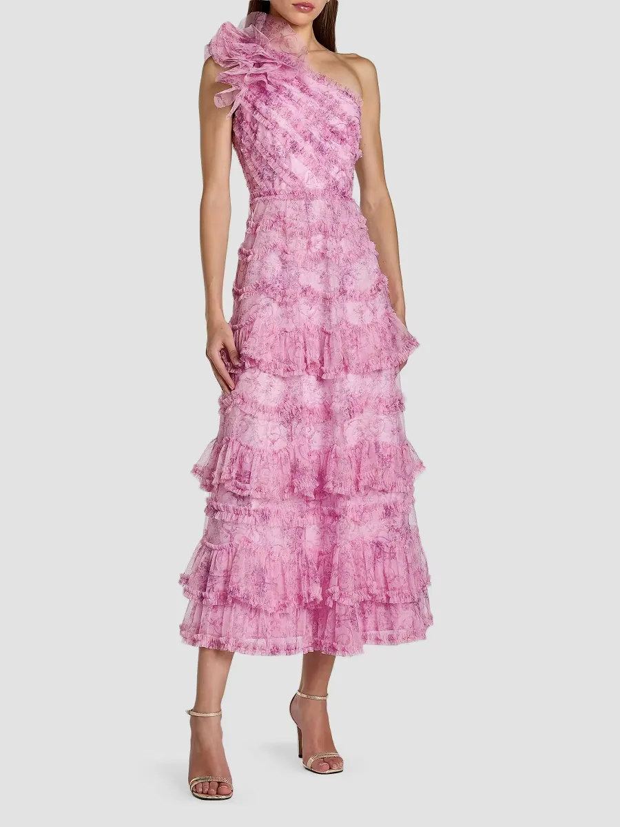Mac Duggal Baroque Mesh Ruffled One-Shoulder Midi-Dress by M.A.C.